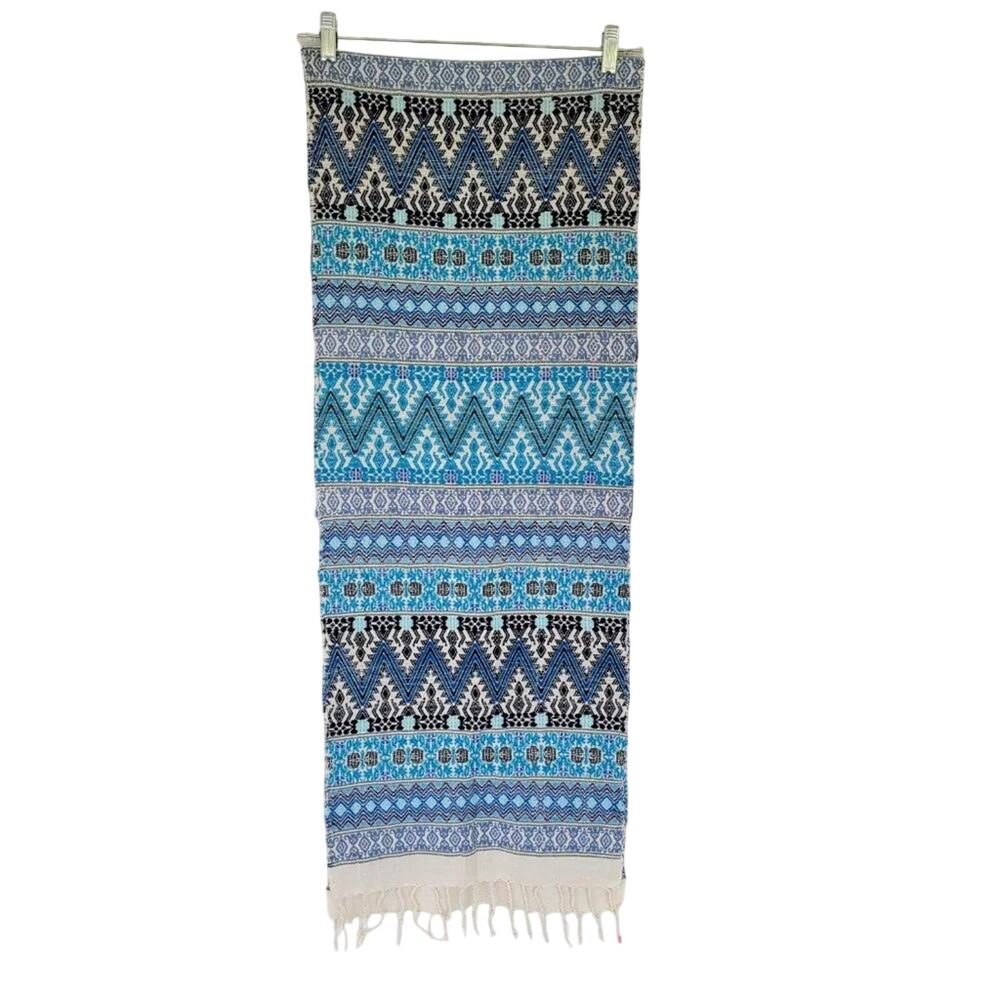 Mexican Woven Table Runner Turquoise White Aztec Boho 82" x 15"
